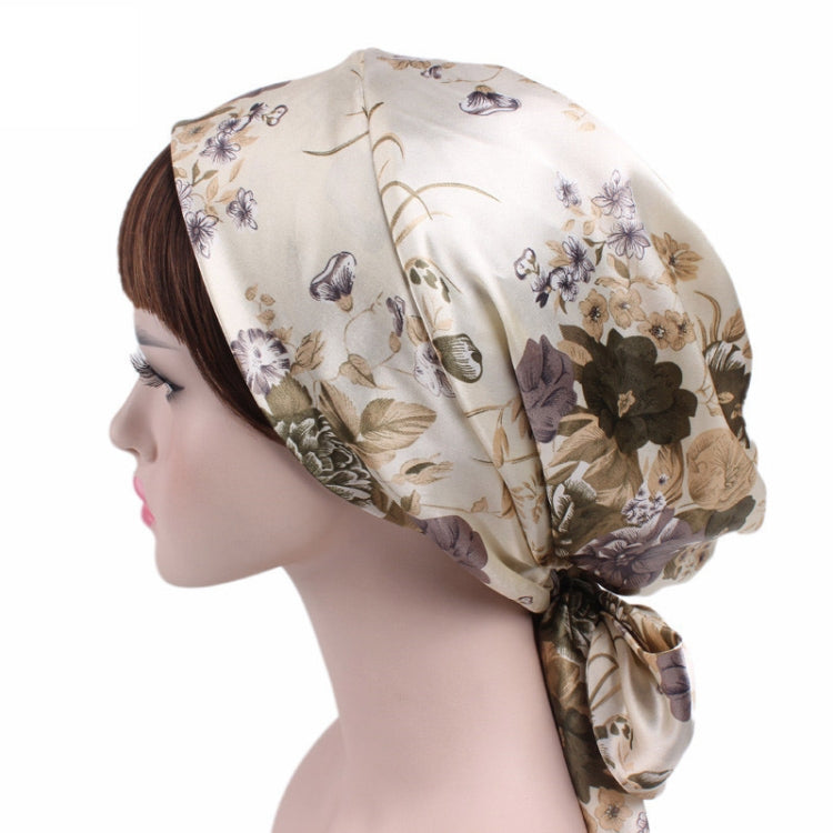 TJM-226 Ladies Satin Print Ribbon Bow Turban Hat Night Cap Silk Chemotherapy Hat Long Tail Braid Hat