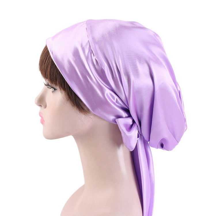 TJM-226 Ladies Satin Print Ribbon Bow Turban Hat Night Cap Silk Chemotherapy Hat Long Tail Braid Hat