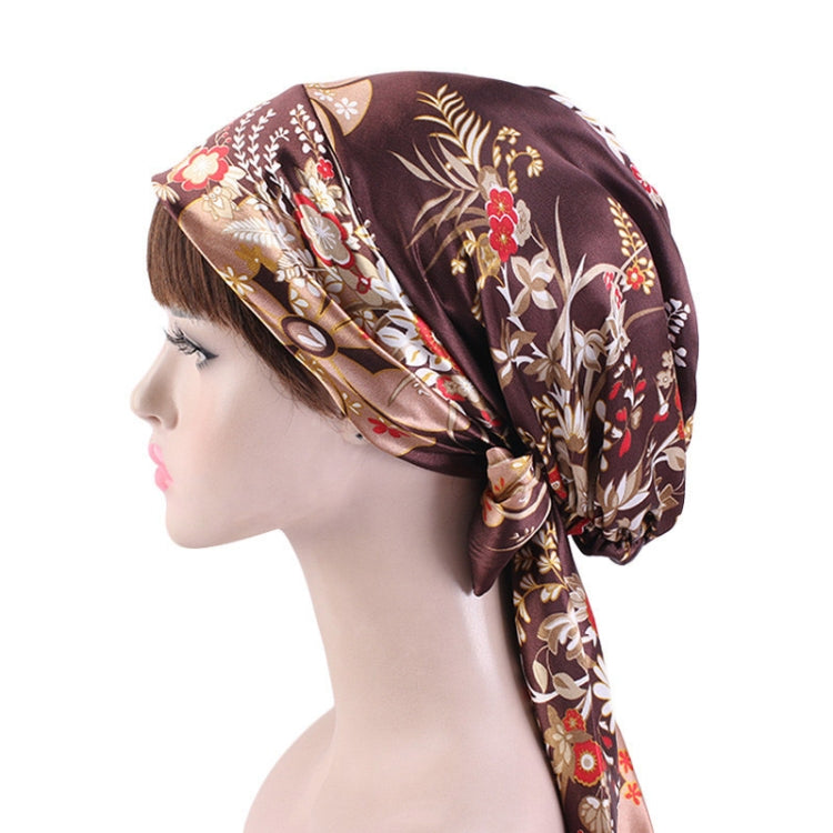 TJM-226 Ladies Satin Print Ribbon Bow Turban Hat Night Cap Silk Chemotherapy Hat Long Tail Braid Hat