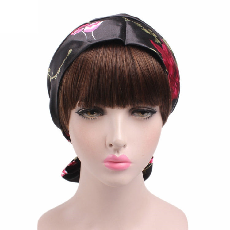 TJM-226 Ladies Satin Print Ribbon Bow Turban Hat Night Cap Silk Chemotherapy Hat Long Tail Braid Hat