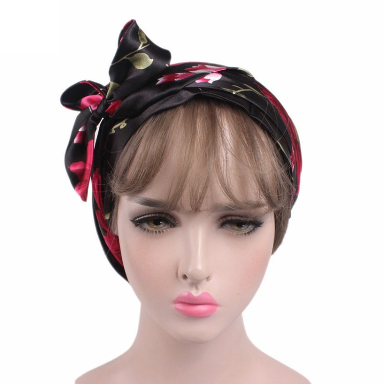 TJM-226 Ladies Satin Print Ribbon Bow Turban Hat Night Cap Silk Chemotherapy Hat Long Tail Braid Hat