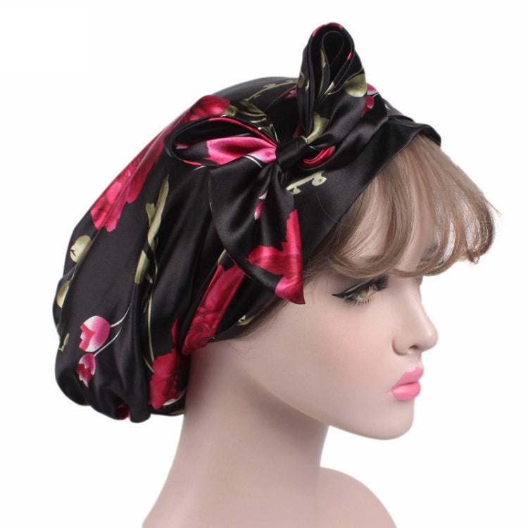 TJM-226 Ladies Satin Print Ribbon Bow Turban Hat Night Cap Silk Chemotherapy Hat Long Tail Braid Hat