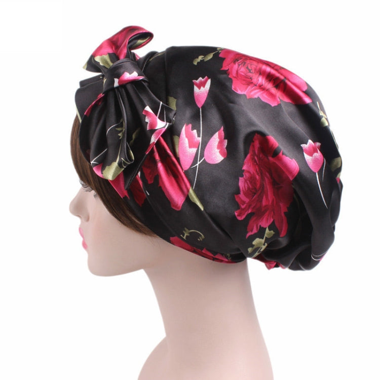 TJM-226 Ladies Satin Print Ribbon Bow Turban Hat Night Cap Silk Chemotherapy Hat Long Tail Braid Hat