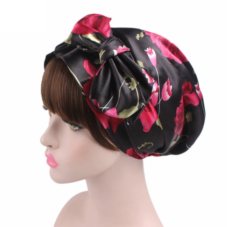 TJM-226 Ladies Satin Print Ribbon Bow Turban Hat Night Cap Silk Chemotherapy Hat Long Tail Braid Hat