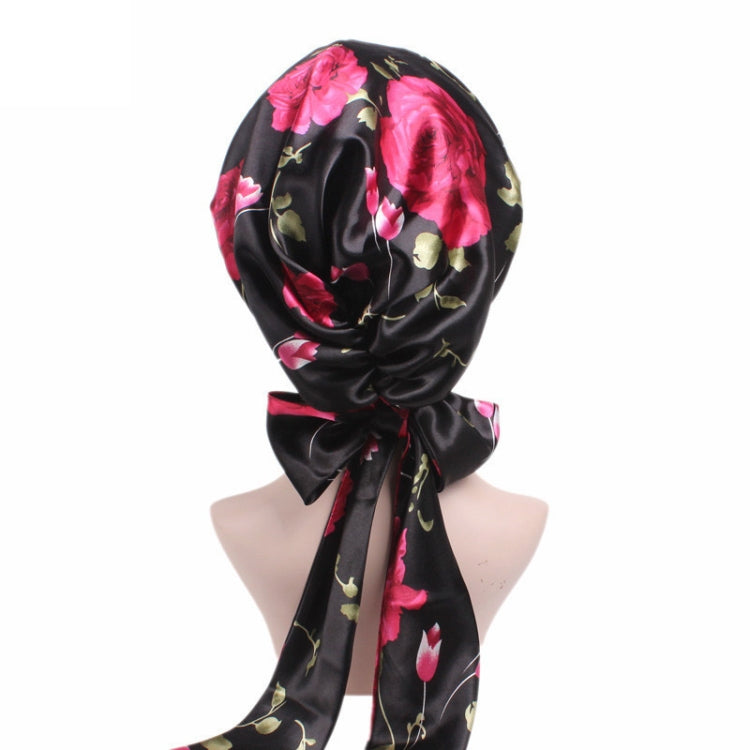 TJM-226 Ladies Satin Print Ribbon Bow Turban Hat Night Cap Silk Chemotherapy Hat Long Tail Braid Hat