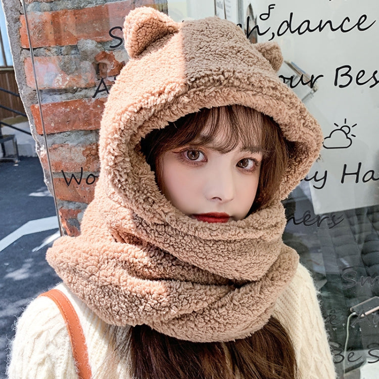 Ladies Autumn and Winter One-piece Plush Warm Bear Hat Scarf