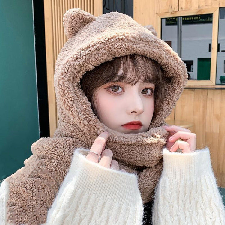 Ladies Autumn and Winter One-piece Plush Warm Bear Hat Scarf