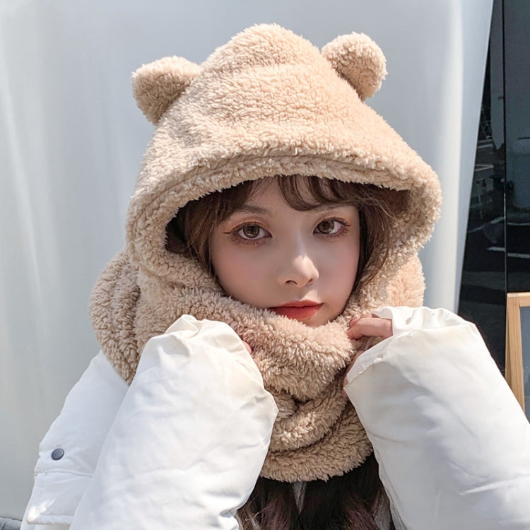 Ladies Autumn and Winter One-piece Plush Warm Bear Hat Scarf