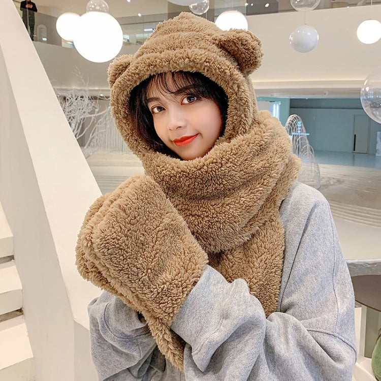 Ladies Autumn and Winter One-piece Plush Warm Bear Hat Scarf