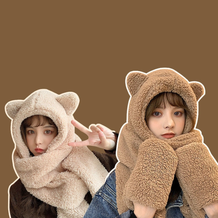 Ladies Autumn and Winter One-piece Plush Warm Bear Hat Scarf