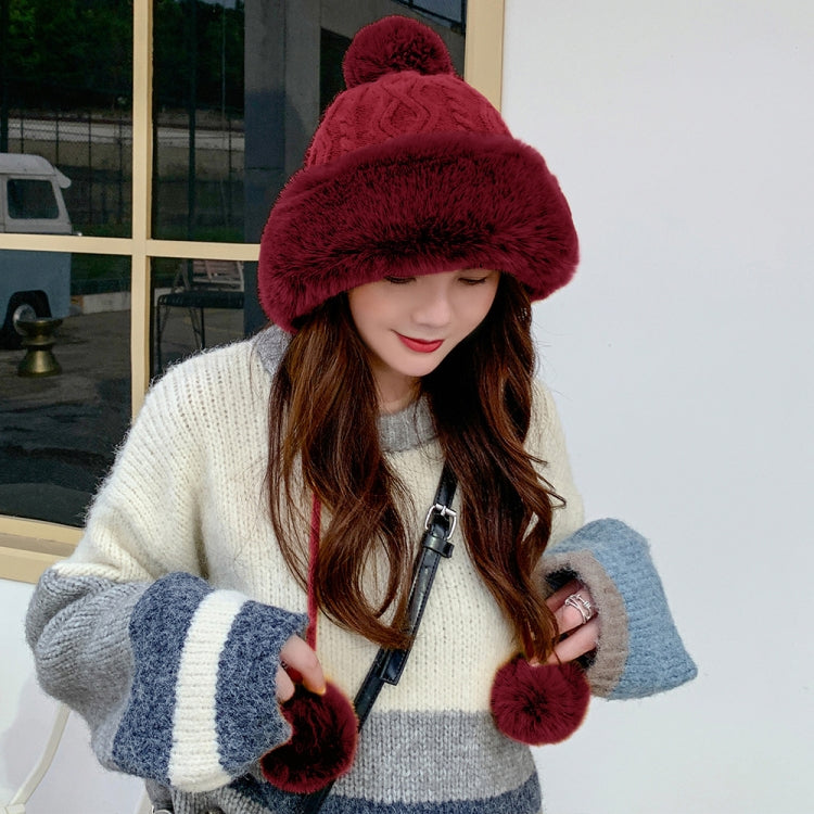 Autumn and Winter Ladies Cotton and Cashmere Skullcap Three Fur Balls Cute Plus Velvet Thickening  Pure Color Knitted Hat