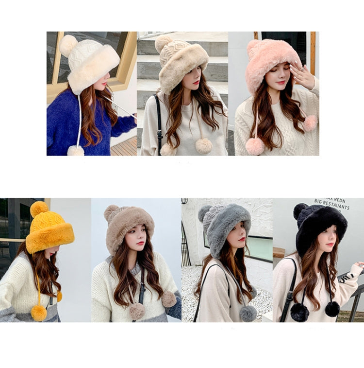 Autumn and Winter Ladies Cotton and Cashmere Skullcap Three Fur Balls Cute Plus Velvet Thickening  Pure Color Knitted Hat