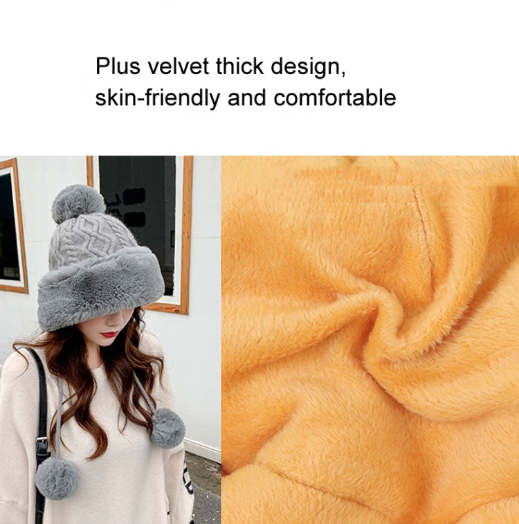 Autumn and Winter Ladies Cotton and Cashmere Skullcap Three Fur Balls Cute Plus Velvet Thickening  Pure Color Knitted Hat