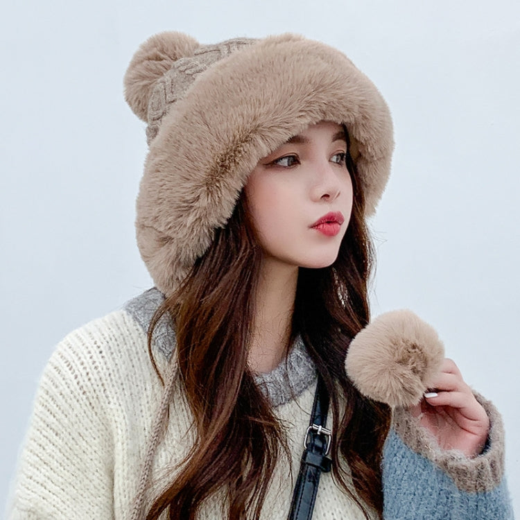 Autumn and Winter Ladies Cotton and Cashmere Skullcap Three Fur Balls Cute Plus Velvet Thickening  Pure Color Knitted Hat
