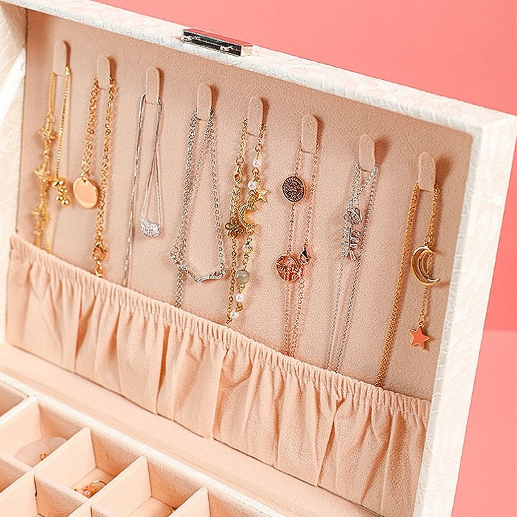 Multi-Layer Flip Cover With Lock Jewelry Box Solid Color Jewelry Desktop Storage Box, White, Red