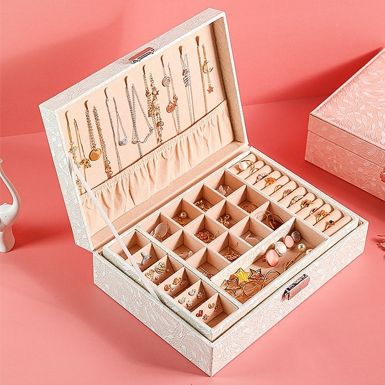 Multi-Layer Flip Cover With Lock Jewelry Box Solid Color Jewelry Desktop Storage Box, White, Red