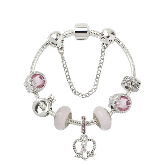SL85 Colored Glaze Large Hole Bead Bracelet Alloy Pink Series Love Bird Pendant Bracelet,Size:, 18cm, 19cm, 20cm