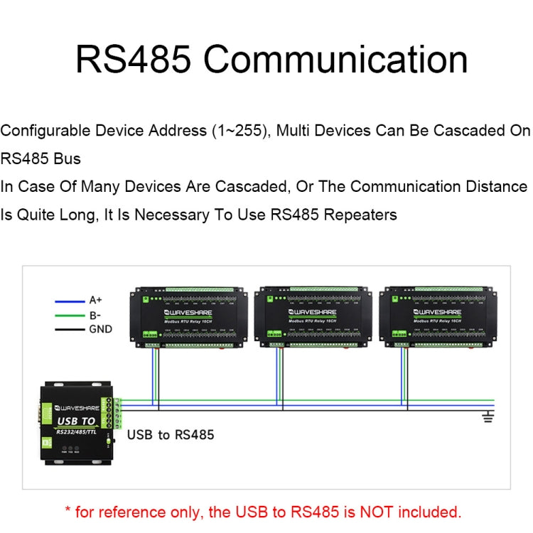 Waveshare 24921 Modbus RTU 16-Ch Relay Module, RS485 Interface, With Multiple Isolation Protection Circuits, 24921