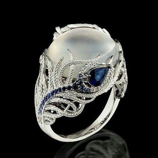 Vintage Silver Hollow Natural Opal Rings Feather Pattern Rings for Women Jewelry