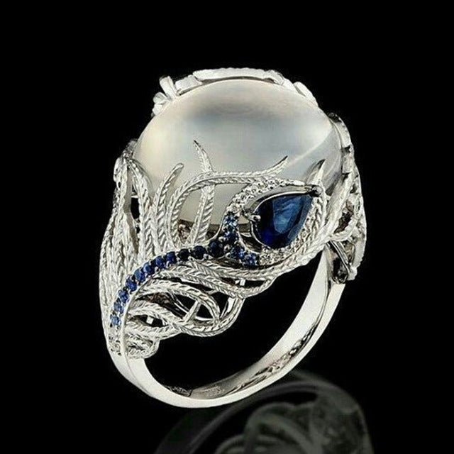 Vintage Silver Hollow Natural Opal Rings Feather Pattern Rings for Women Jewelry