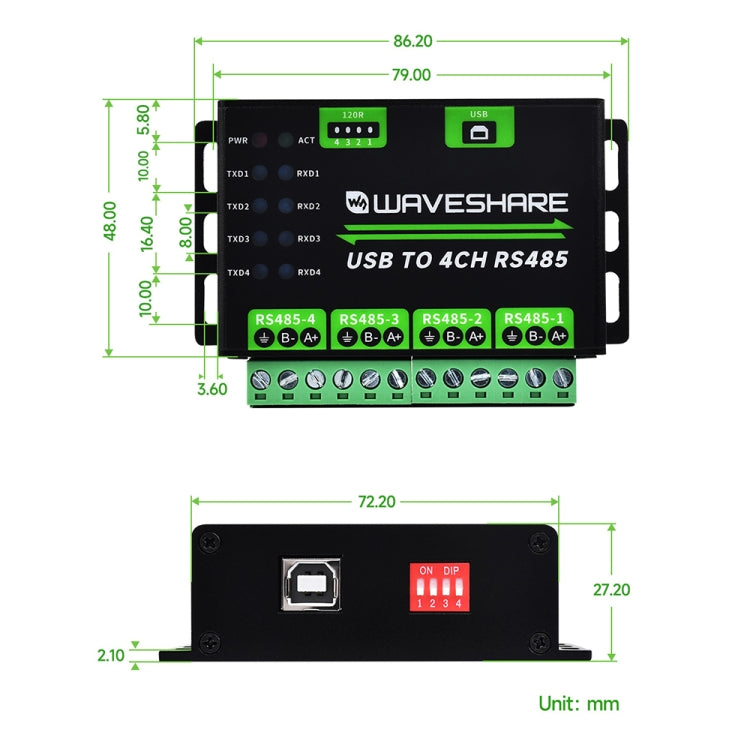 Waveshare 25219 Industrial USB To 4Ch RS485 Converter, 25219