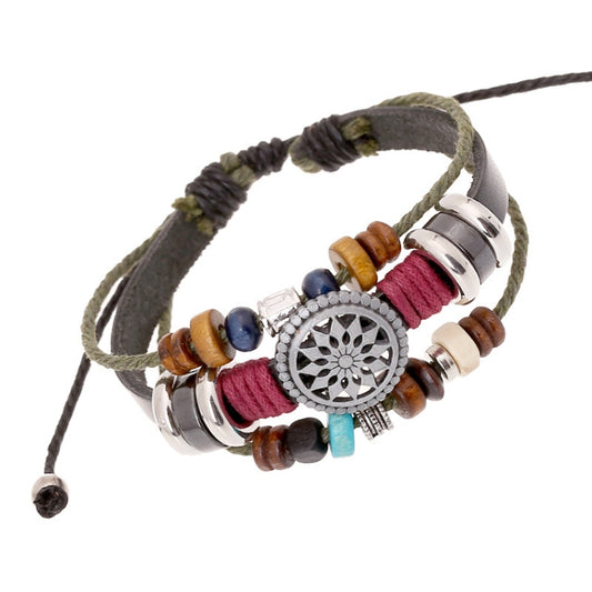 BX016 Retro Personality Leather Beaded Bracelet