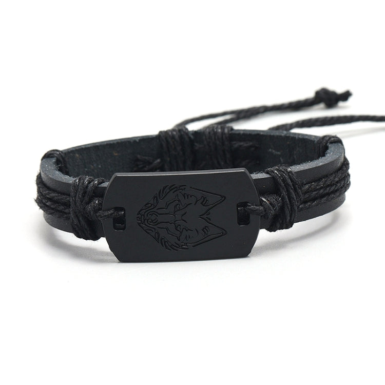 B01916 Men Leather Wolf Head Woven Bracelet