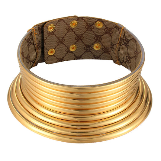 Vintage Statement Choker Necklace Women Leather Collar, Outer Gold Inner Browm, Golden, Silver