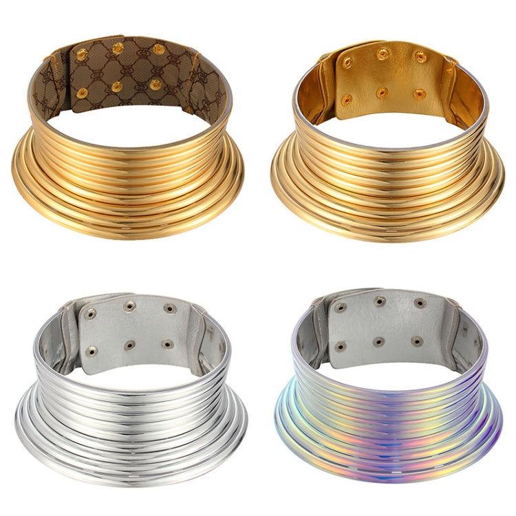 Vintage Statement Choker Necklace Women Leather Collar, Outer Gold Inner Browm, Golden, Silver