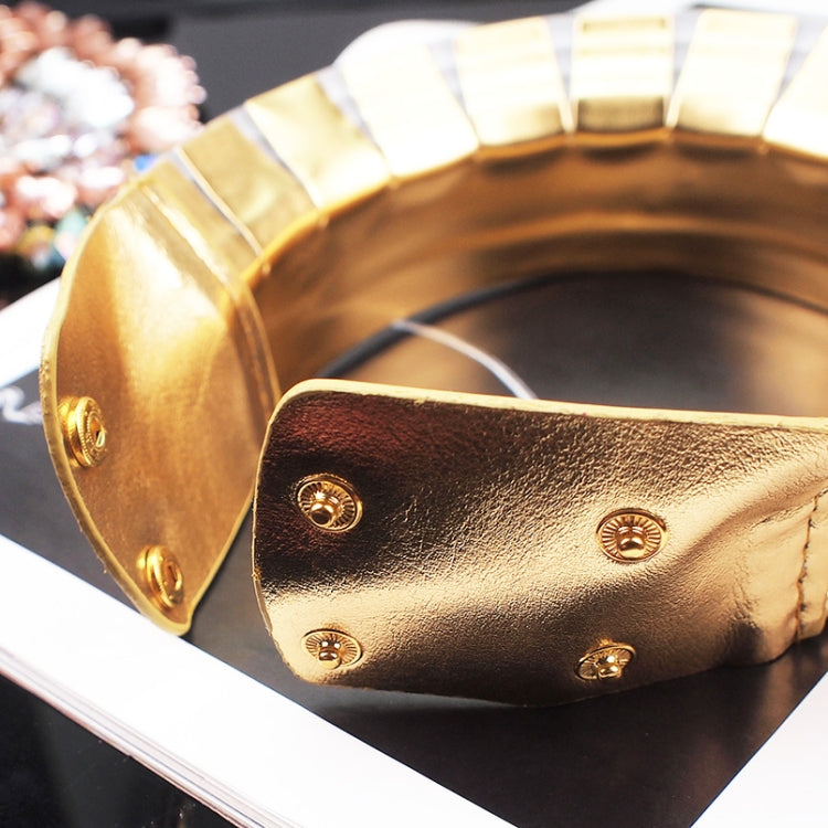 Vintage Statement Choker Necklace Women Leather Collar, Outer Gold Inner Browm, Golden, Silver