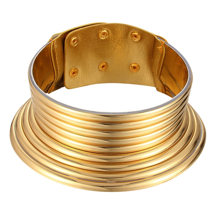 Vintage Statement Choker Necklace Women Leather Collar, Outer Gold Inner Browm, Golden, Silver