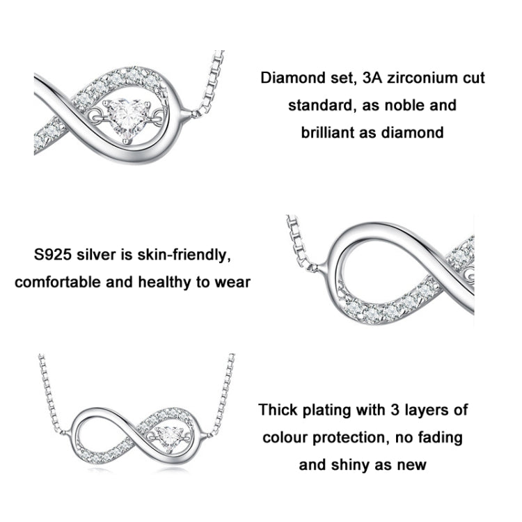 Sterling Silver S925 Zirconia Infinity Heart Endless Symbol Necklace
