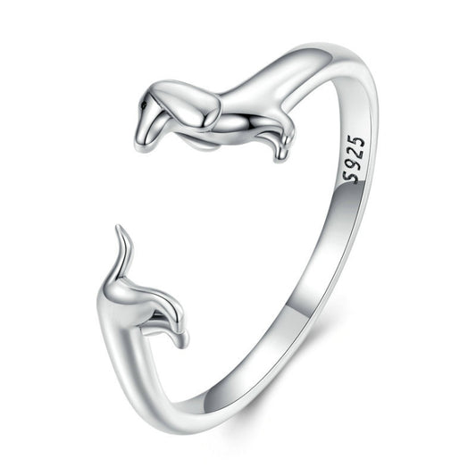 Sterling Silver S925 Dachshund Cute Open Ring