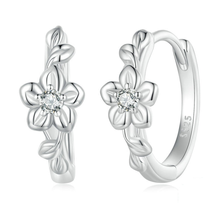 Sterling Silver S925 Small Flower Vine Plated Platinum Zircon Earrings