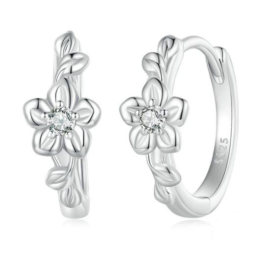 Sterling Silver S925 Small Flower Vine Plated Platinum Zircon Earrings