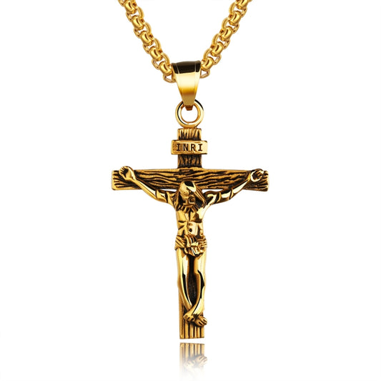 OPK 810 Retro Cross Frame Titanium Steel Men Pendant Necklace, [Gold Black Pendant, Gold Pendant, Steel Color+3x55cm Pearl Chain, Gold+3x55cm Pearl Chain, Gold Black+3x55cm Pearl Chain, Steel Color Pendant
