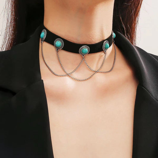 Punk Vintage Velvet Clavicle Chain Metal Rock Necklace, Spec: