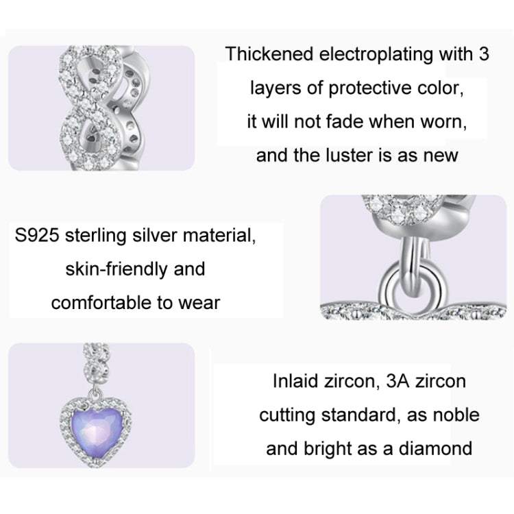 Sterling Silver S925 Platinum Plated Zircon Heart Bracelet Beads