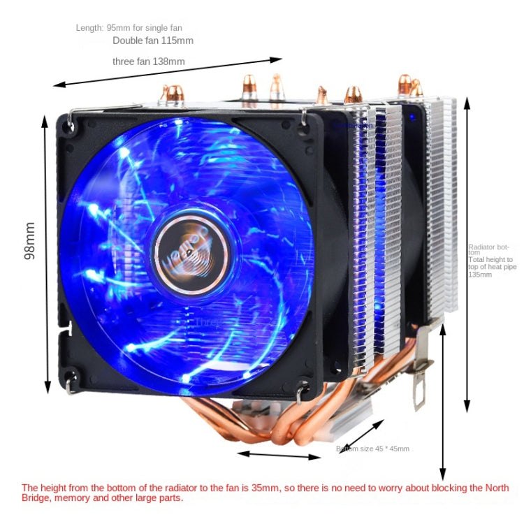 Desktop Computer Double Copper Tube CPU Radiator Super Quiet, 2 Tube Color Light 3-pin Double Fan, 2 Tube Color Light 3-pin Single Fan