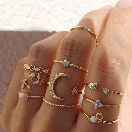 10pcs/set Moon Star Leaves Heart Rhinestone Knuckle Ring