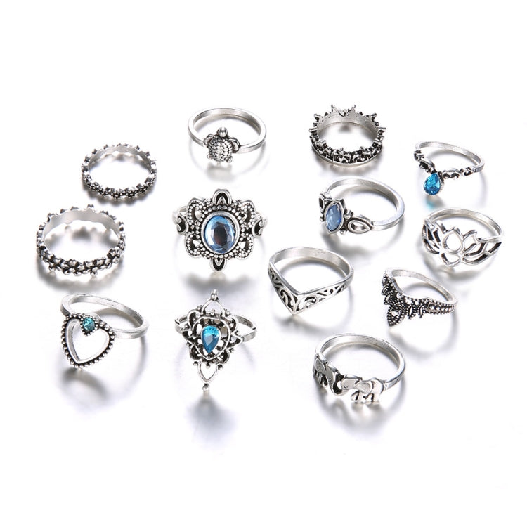 13pcs/set Vintage Diamond Engraved Crown Star Gemstone Ring