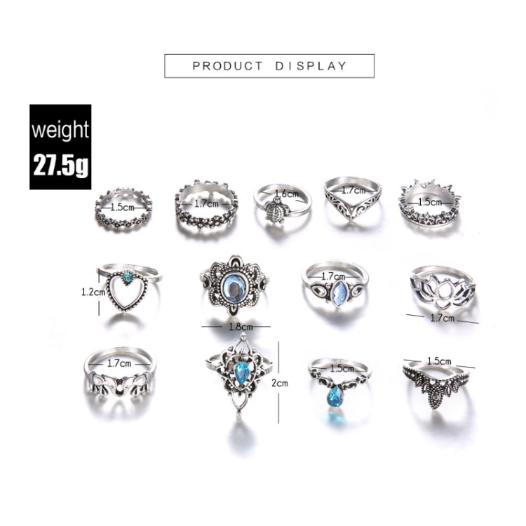 13pcs/set Vintage Diamond Engraved Crown Star Gemstone Ring