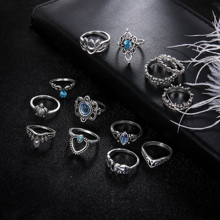 13pcs/set Vintage Diamond Engraved Crown Star Gemstone Ring