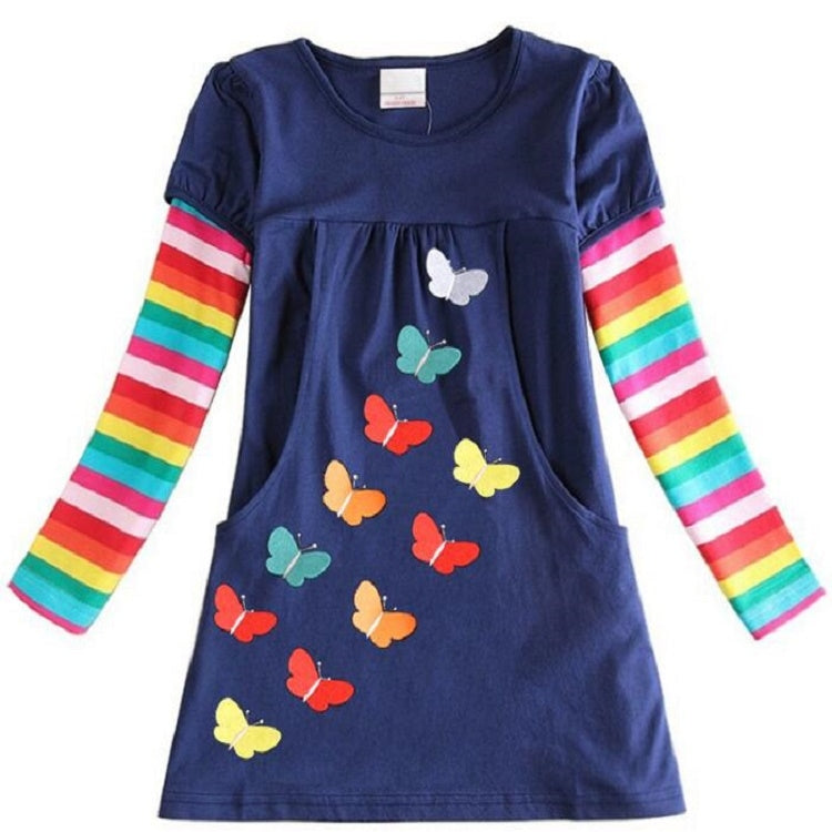 Girls Rainbow Long Sleeve Butterfly Embroidered Pattern Cotton Princess Dress