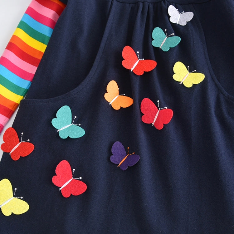 Girls Rainbow Long Sleeve Butterfly Embroidered Pattern Cotton Princess Dress