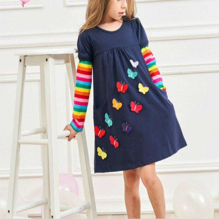 Girls Rainbow Long Sleeve Butterfly Embroidered Pattern Cotton Princess Dress