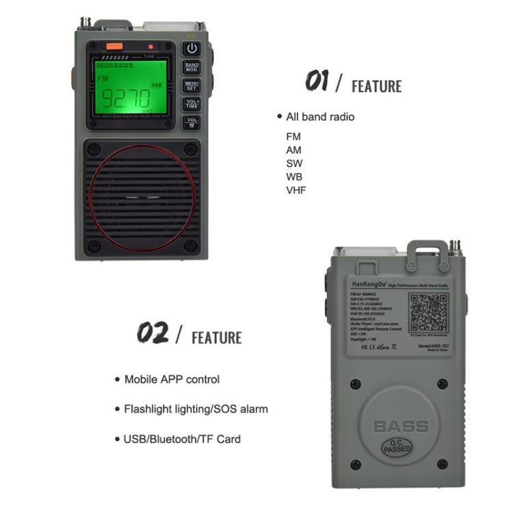 HanRongda HRD-787 High Performance Full Band Portable Bluetooth Card SOS Warning LED Lighting Radio, HRD-787