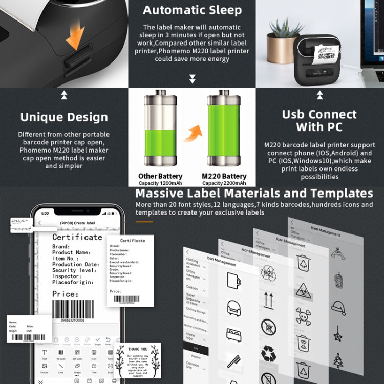 Phomemo M220 Jewelry Clothing Tags Bluetooth Thermist Strip Tag Printer