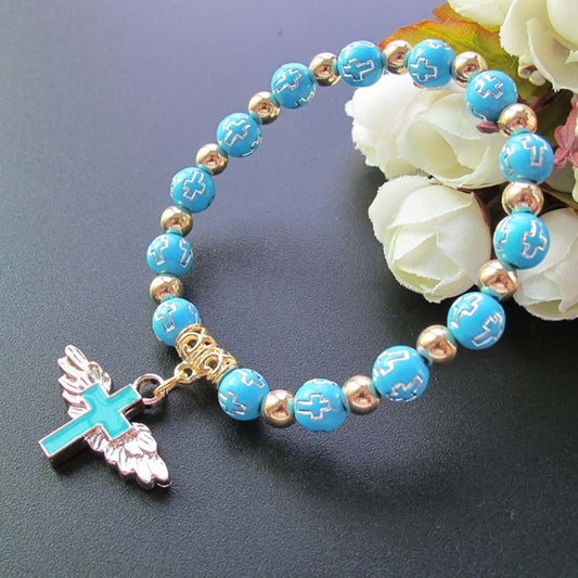 Gold Stamped Acrylic Angel Cross Bead Bracelet