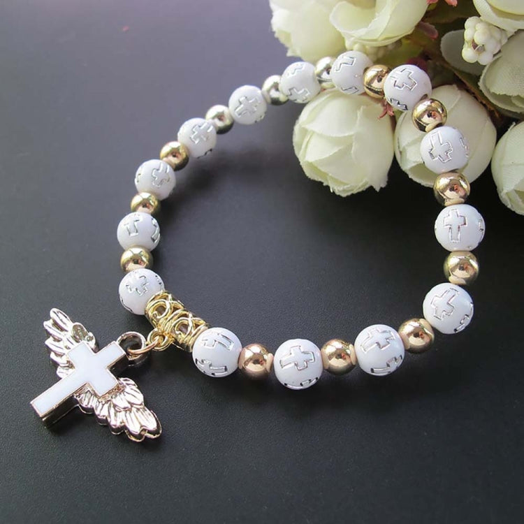 Gold Stamped Acrylic Angel Cross Bead Bracelet
